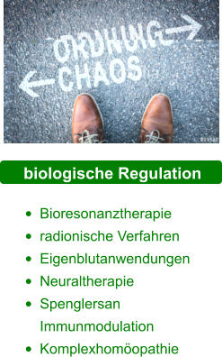 biologische Regulation  •	Bioresonanztherapie •	radionische Verfahren •	Eigenblutanwendungen •	Neuraltherapie •	Spenglersan Immunmodulation •	Komplexhomöopathie