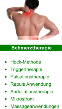 Schmerztherapie  •	Hock-Methode •	Triggertherapie •	Pulsationstherapie •	Repuls Anwendung •	Andullationstherapie •	Mikrostrom •	Massageanwendungen