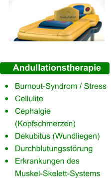 •	Burnout-Syndrom / Stress   •	Cellulite  •	Cephalgie (Kopfschmerzen)  •	Dekubitus (Wundliegen)  •	Durchblutungsstörung  •	Erkrankungen des Muskel-Skelett-Systems    Andullationstherapie