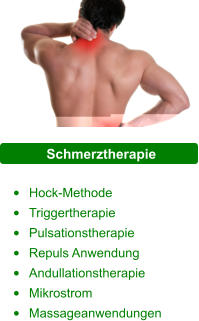 Schmerztherapie  •	Hock-Methode •	Triggertherapie •	Pulsationstherapie •	Repuls Anwendung •	Andullationstherapie •	Mikrostrom •	Massageanwendungen